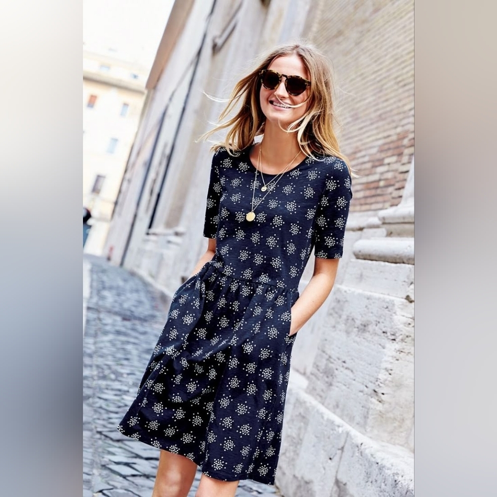 Boden Sz 14 Miranda Dress Navy Blue Cream Dot Cotton